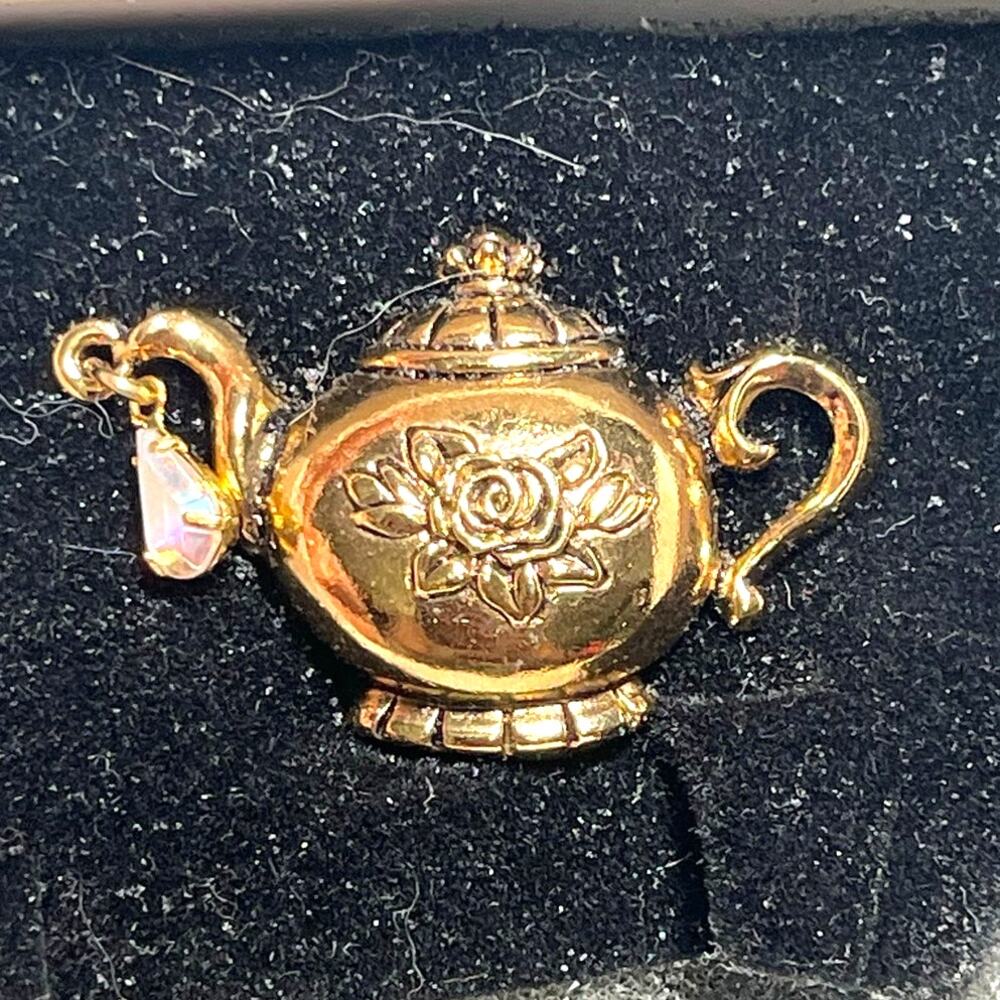 Vintage 90's Avon Gold Tone Teapot Pin Tea Time Tac With Dangling Rhinestone